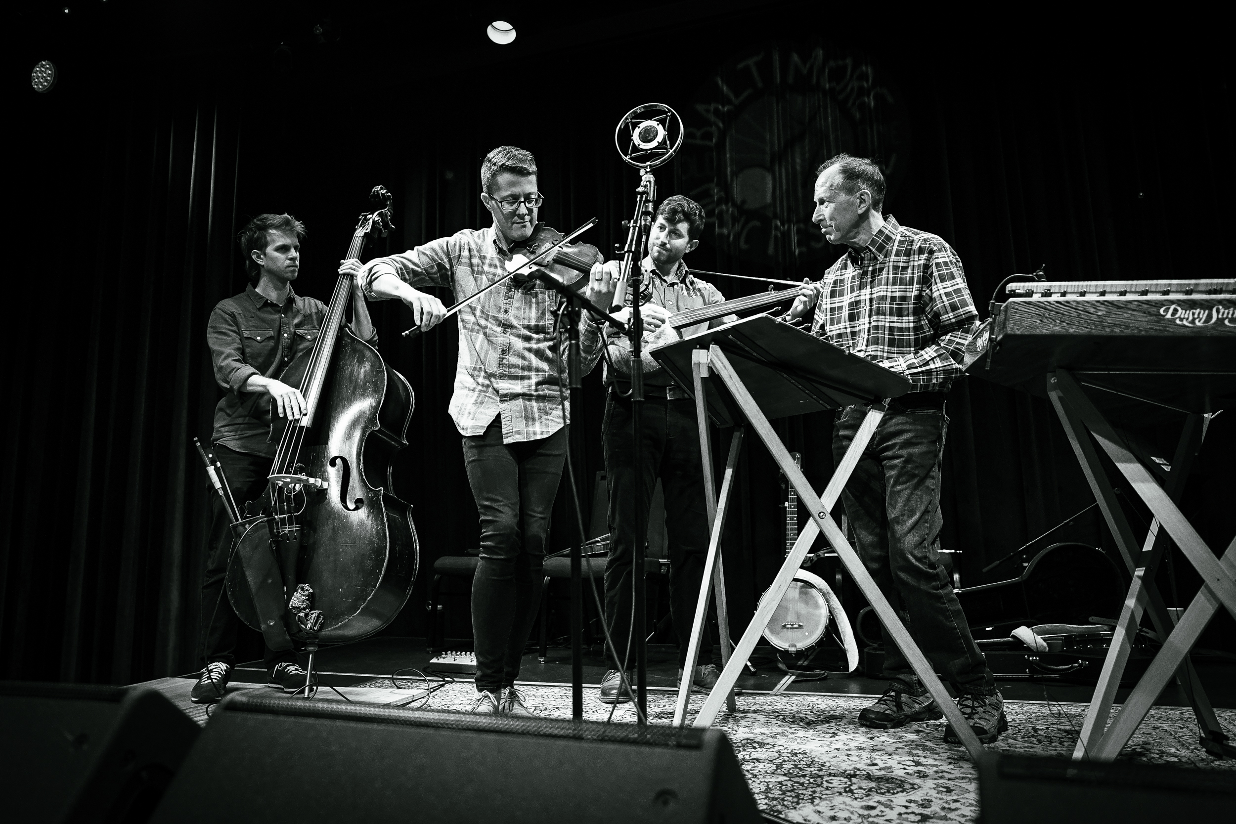 Brad and Ken Kolodner with Patrick McAvinue and Alex Lacquement at Baltimore Old Time Music Festival at Creative Alliance March 10-11, 2023 Photo by Casey Ryan Vock