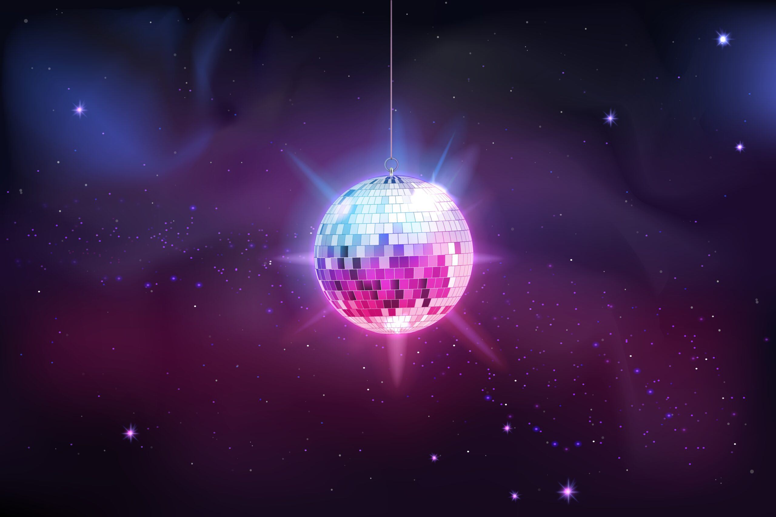 Neon dance star, disco ball. Light night space, glow planet, fantasy music galaxy. Hanging discoball glowing. 3d isolated elements. DJ discotheque background. Vector illustration concept disco ball